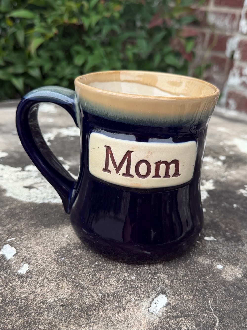 Blue and Tan glazed Studio Mug with an Embossed "MOM” Medallion 24oz